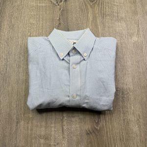 Reiss Mens Small Slim Shirt Striped Blue White Cotton Linen Blend Button Front